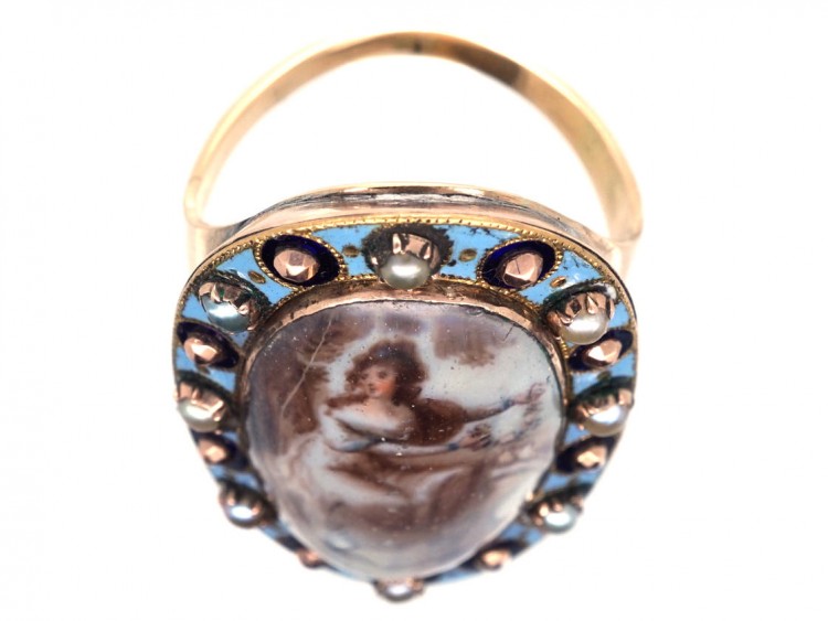 Georgian Gold Miniature Ring with Enamel, Pearl & Diamond Surround