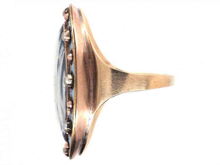 Georgian Gold Miniature Ring with Enamel, Pearl & Diamond Surround
