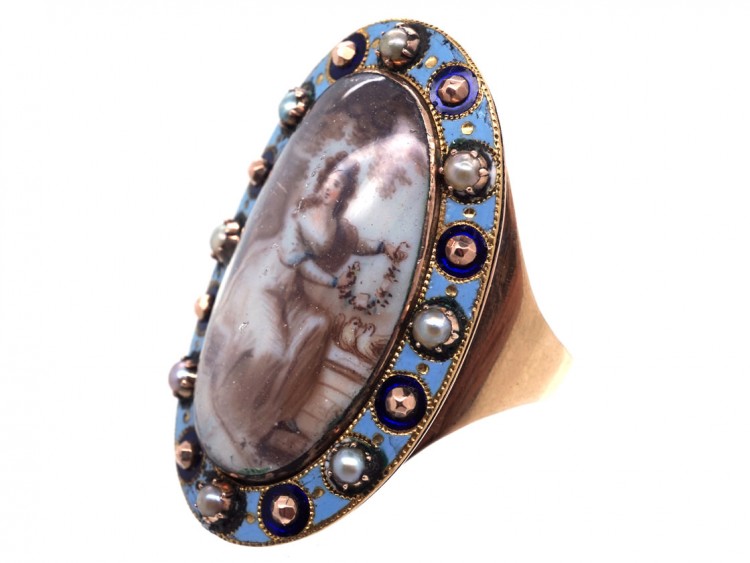 Georgian Gold Miniature Ring with Enamel, Pearl & Diamond Surround
