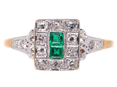 Art Deco 18ct Gold ​& Platinum, Emerald ​& Diamond Ring