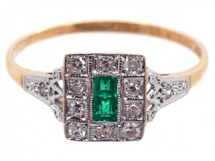Art Deco 18ct Gold ​& Platinum, Emerald ​& Diamond Ring