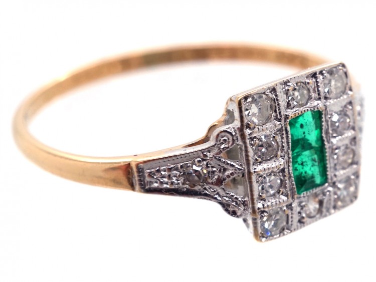 Art Deco 18ct Gold ​& Platinum, Emerald ​& Diamond Ring