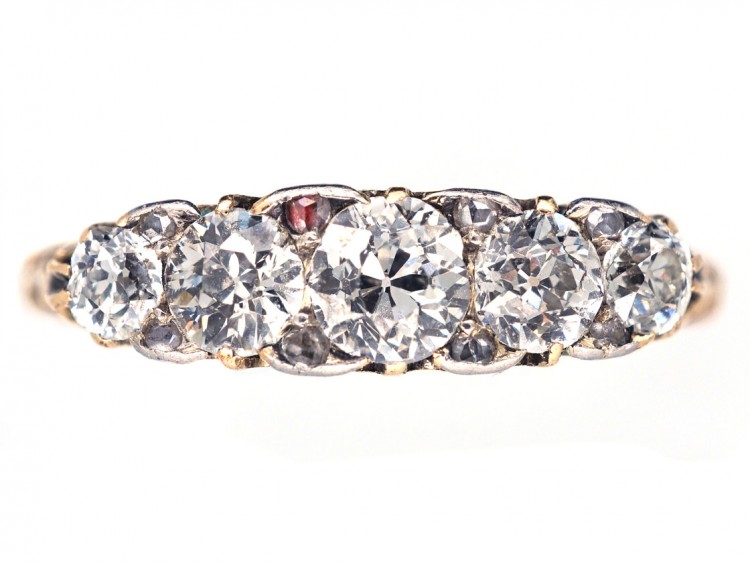 Victorian 18ct Gold Five Stone Diamond Carved Half Hoop Ring