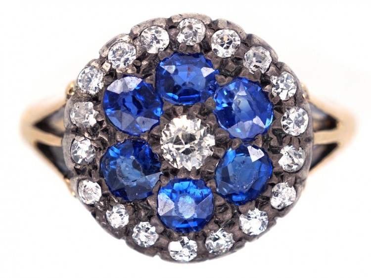 Edwardian 18ct Gold Sapphire & Diamond Cluster Ring
