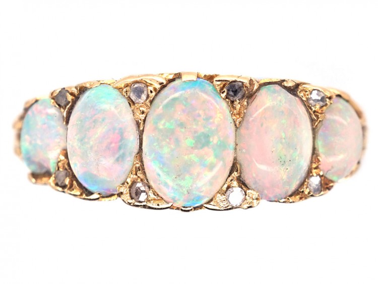 Edwardian Five Stone Opal Carved Half Hoop Ring