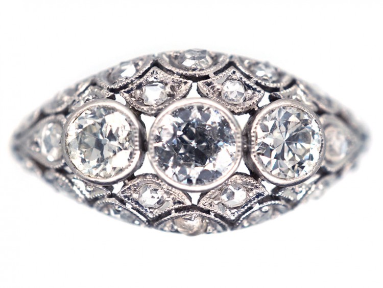 Art Deco Diamond Three Stone Diamond Boat Shaped Ring