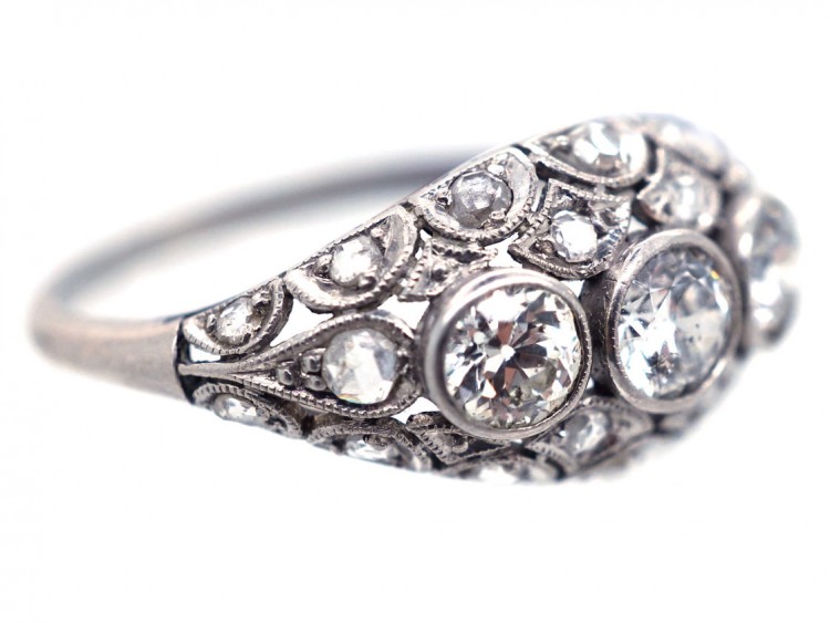 Art Deco Diamond Three Stone Diamond Boat Shaped Ring