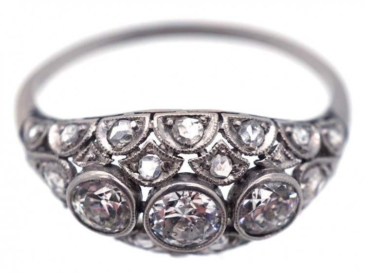 Art Deco Diamond Three Stone Diamond Boat Shaped Ring