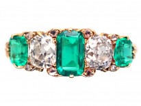 Victorian 18ct Gold, Emerald & Diamond Five Stone Carved Half Hoop Ring