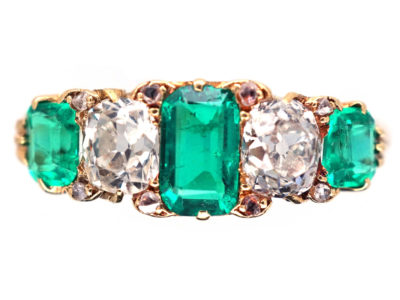 Victorian 18ct Gold, Emerald & Diamond Five Stone Carved Half Hoop Ring