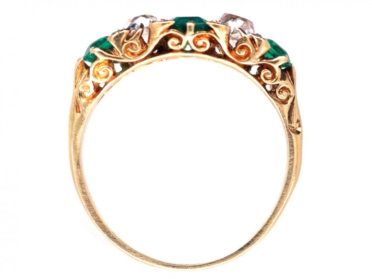 Victorian 18ct Gold, Emerald & Diamond Five Stone Carved Half Hoop Ring
