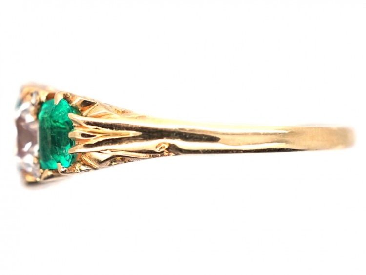 Victorian 18ct Gold, Emerald & Diamond Five Stone Carved Half Hoop Ring