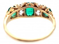 Victorian 18ct Gold, Emerald & Diamond Five Stone Carved Half Hoop Ring