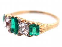 Victorian 18ct Gold, Emerald & Diamond Five Stone Carved Half Hoop Ring