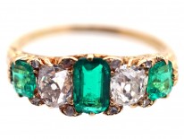 Victorian 18ct Gold, Emerald & Diamond Five Stone Carved Half Hoop Ring