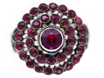 Austro-Hungarian Silver Garnet ​& Natural Pearls Cluster Ring