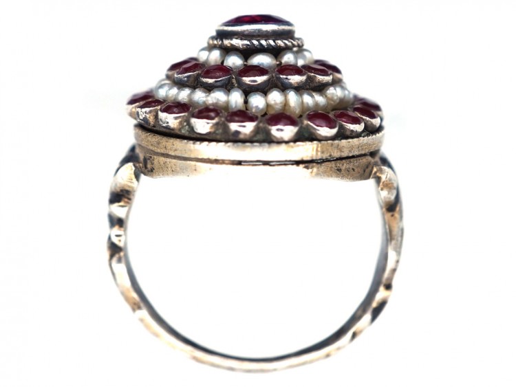 Austro-Hungarian Silver Garnet ​& Natural Pearls Cluster Ring