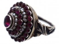 Austro-Hungarian Silver Garnet ​& Natural Pearls Cluster Ring