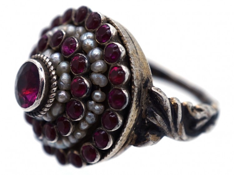 Austro-Hungarian Silver Garnet ​& Natural Pearls Cluster Ring
