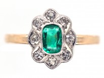 Edwardian 14ct Gold & Platinum, Emerald & Diamond Oval Cluster Ring