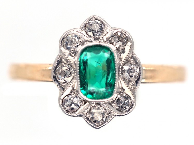 Edwardian 14ct Gold & Platinum, Emerald & Diamond Oval Cluster Ring