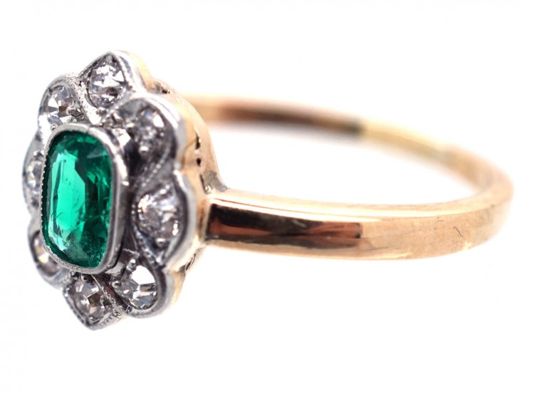 Edwardian 14ct Gold & Platinum, Emerald & Diamond Oval Cluster Ring