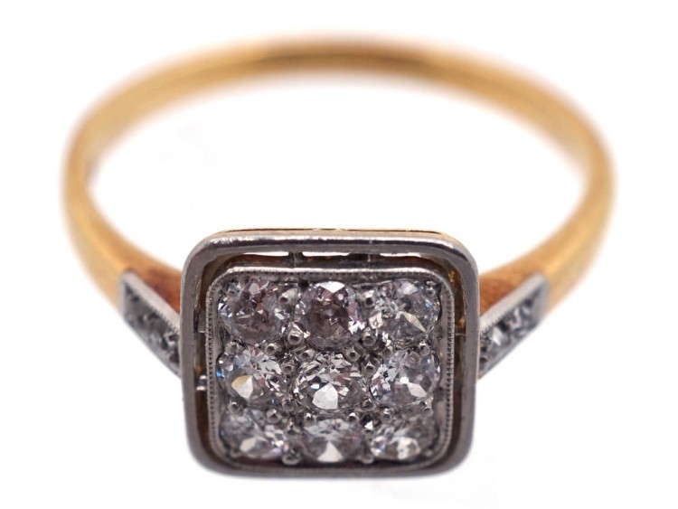 Art Deco 18ct Gold & Platinum Diamond Set Square Ring