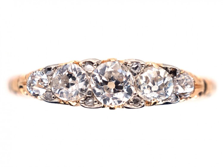 Victorian 18ct Gold Five Stone Diamond Carved Half Hoop Ring
