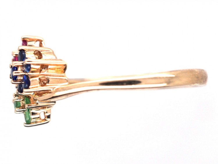 9ct Gold Peridot, Ruby & Sapphire Triple Cluster Ring