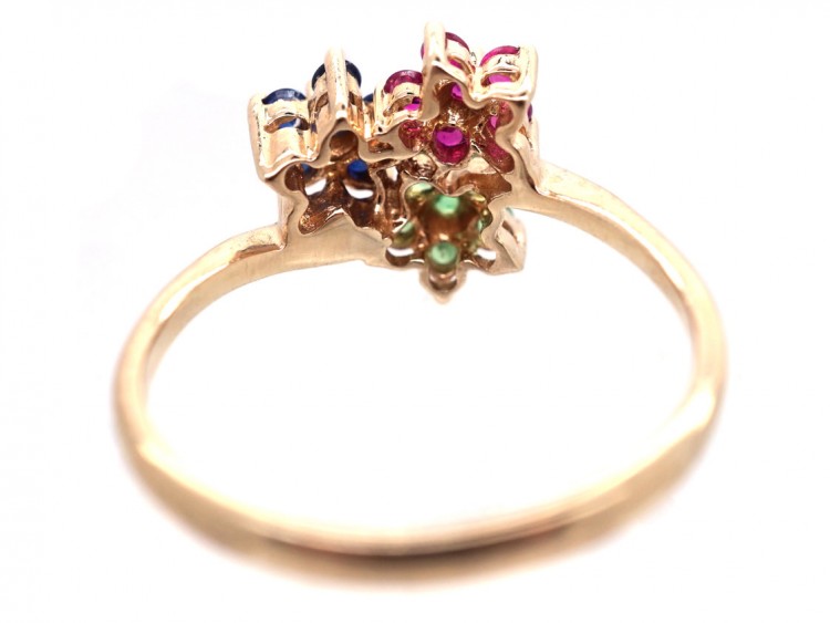 9ct Gold Peridot, Ruby & Sapphire Triple Cluster Ring