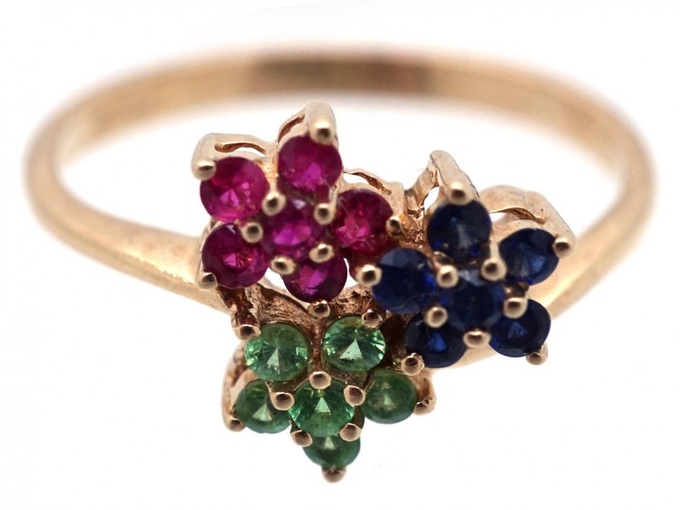 9ct Gold Peridot, Ruby & Sapphire Triple Cluster Ring