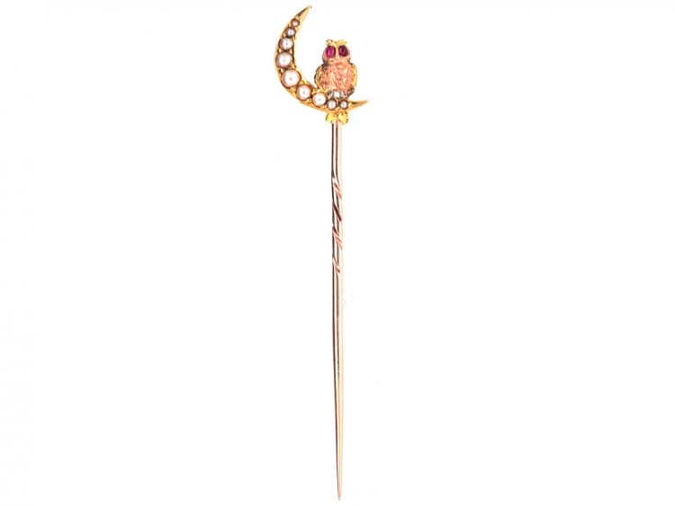 Edwardian 15ct Gold Owl in the Moon Stick Pin