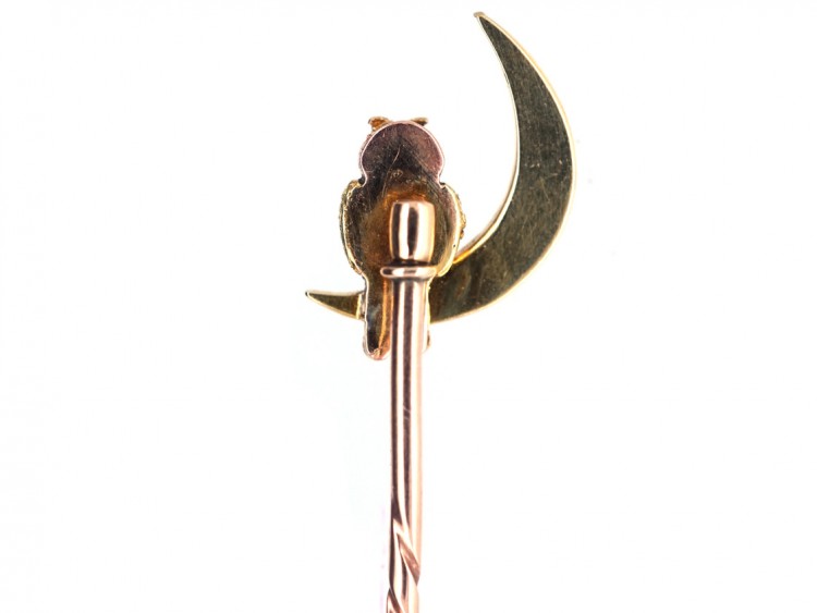 Edwardian 15ct Gold Owl in the Moon Stick Pin