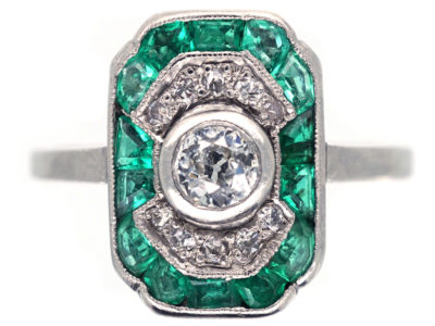 Art Deco Platinum, Emerald & Diamond Rectangular Ring