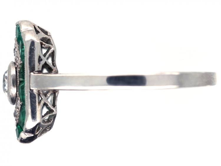 Art Deco Platinum, Emerald & Diamond Rectangular Ring
