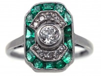 Art Deco Platinum, Emerald & Diamond Rectangular Ring