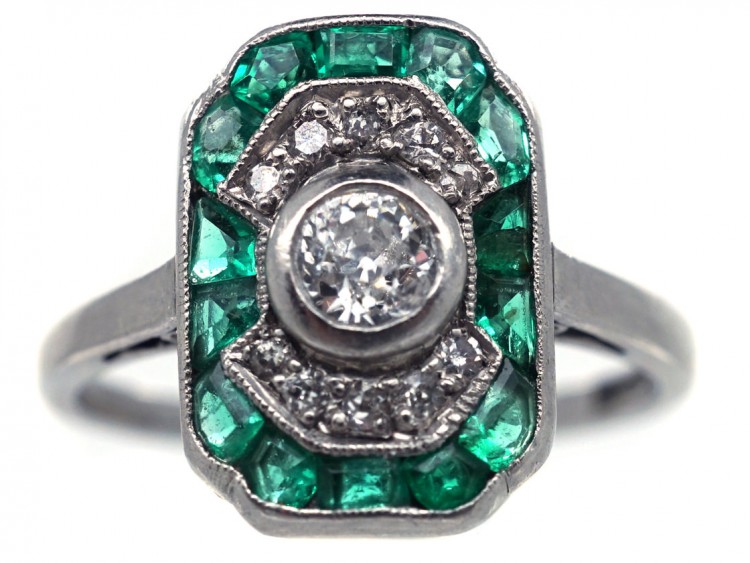 Art Deco Platinum, Emerald & Diamond Rectangular Ring