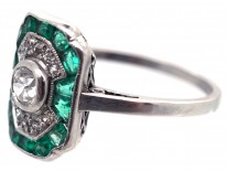 Art Deco Platinum, Emerald & Diamond Rectangular Ring