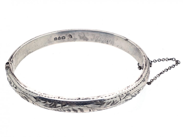 Narrow Silver Engraved Bangle