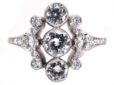 Diamond Three Stone Ring with Diamond Foliate Shoulders
