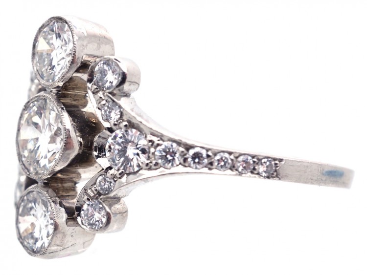 Diamond Three Stone Ring with Diamond Foliate Shoulders