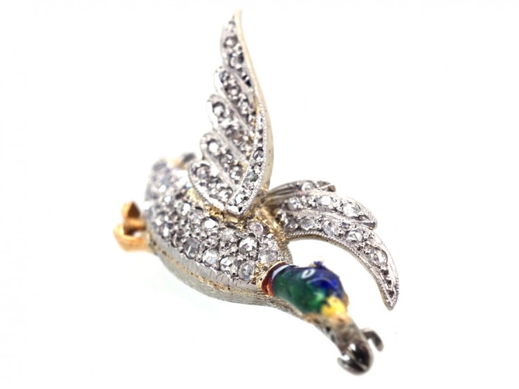 Edwardian 18ct White Gold, Diamond & Enamel Flying Duck Brooch