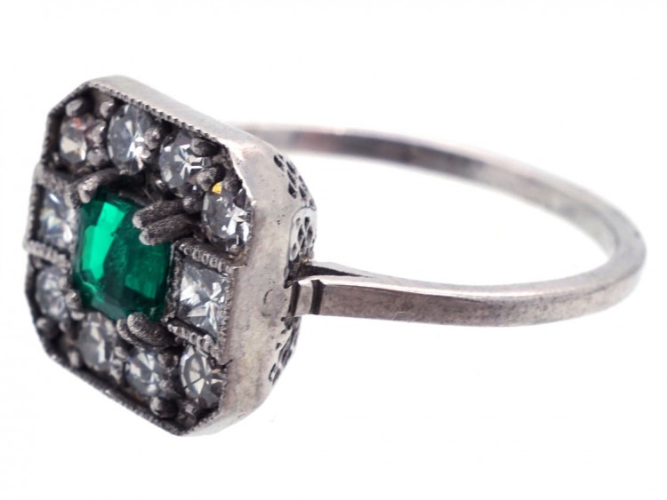 18ct White Gold, Emerald & Diamond Square Ring