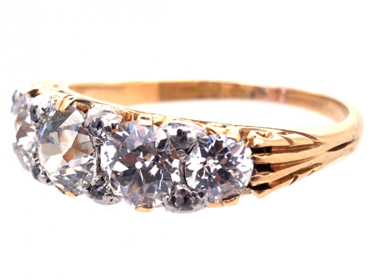 Victorian 18ct Gold Five Stone Diamond Carved Half Hoop Ring