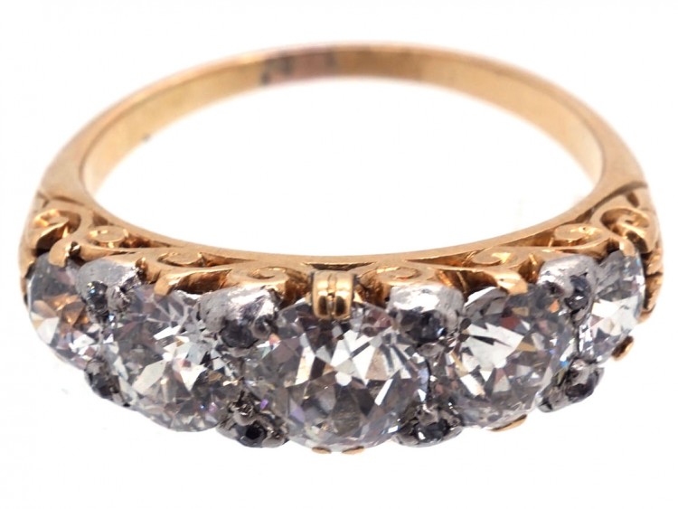 Victorian 18ct Gold Five Stone Diamond Carved Half Hoop Ring