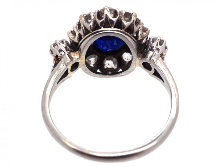 Edwardian Sapphire & Diamond Cluster Ring with Diamond Shoulders