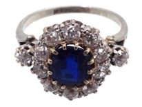 Edwardian Sapphire & Diamond Cluster Ring with Diamond Shoulders