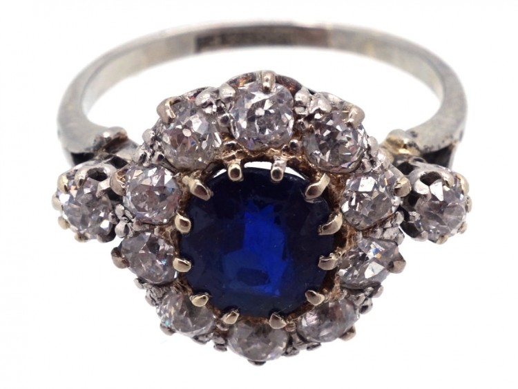 Edwardian Sapphire & Diamond Cluster Ring with Diamond Shoulders