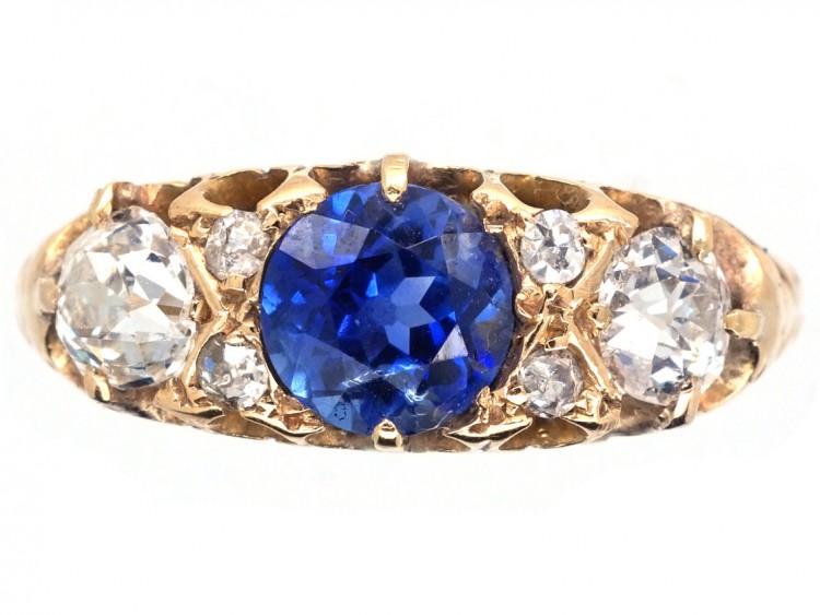 Victorian 18ct Gold Sapphire & Diamond Three Stone Ring