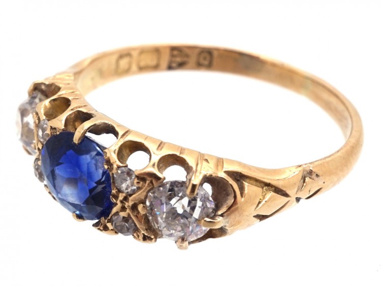 Victorian 18ct Gold Sapphire & Diamond Three Stone Ring